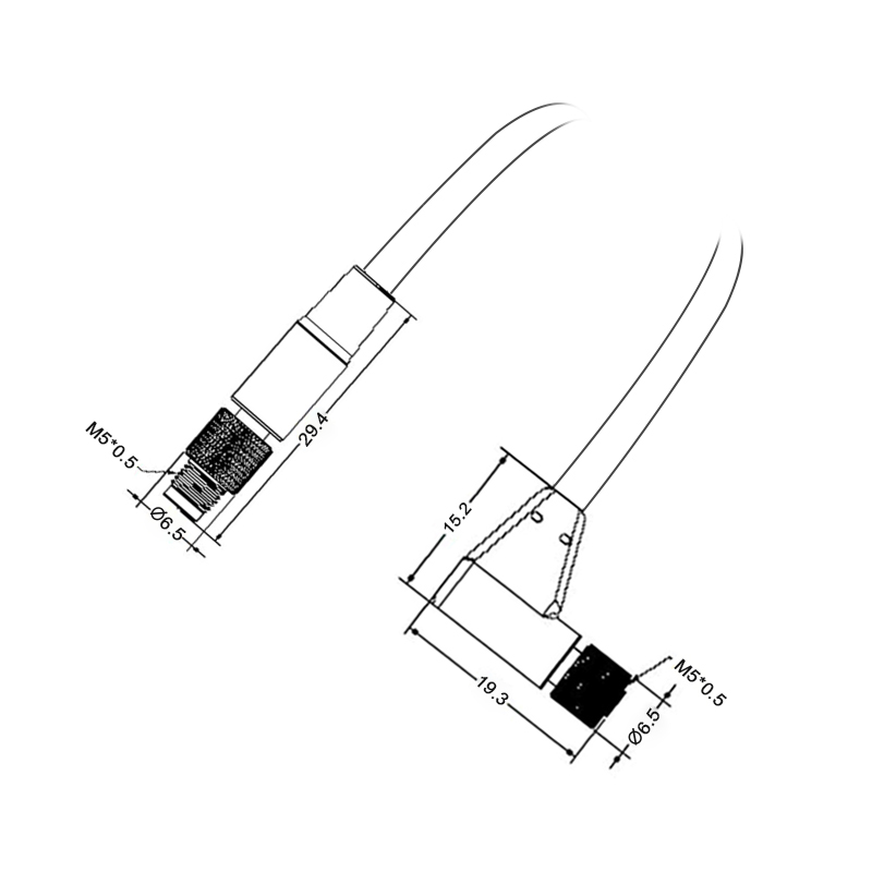 M5 4pins A code male straight to female right angle cable,unshielded,PVC,-40°C~+105°C,26AWG 0.14mm²,brass with nickel plated screw